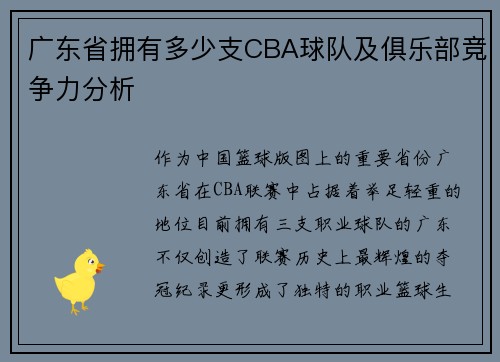 广东省拥有多少支CBA球队及俱乐部竞争力分析